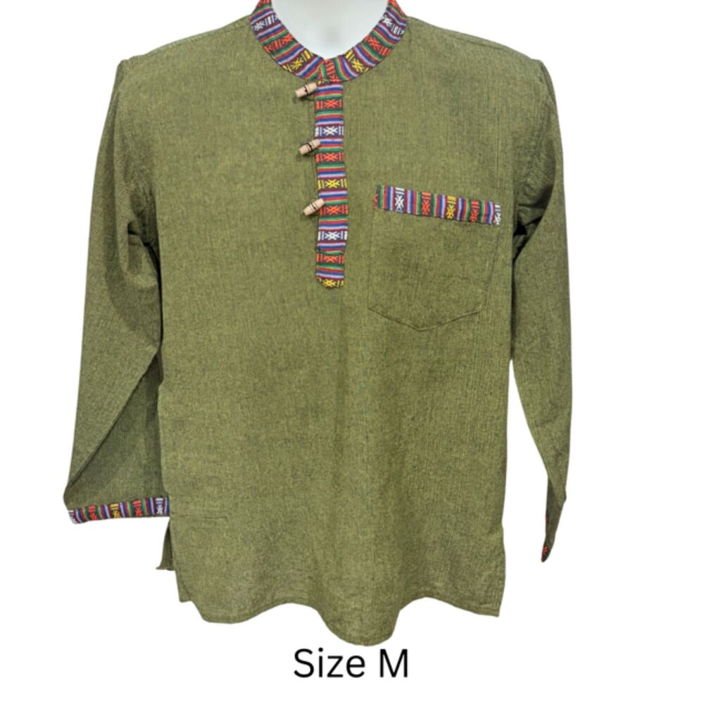 Handmade Nepal Shirt Mens M Green Cotton Boho Hippie Toggle Pullover Festival